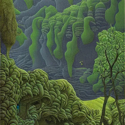 Image similar to painting of a lush natural scene on an alien planet by mc escher. beautiful landscape. weird vegetation. cliffs and water.