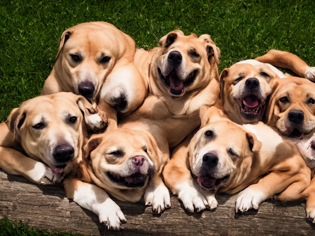 Prompt: fat dogs lying down and smiling at the camera, high definition detail, 8 k, photography