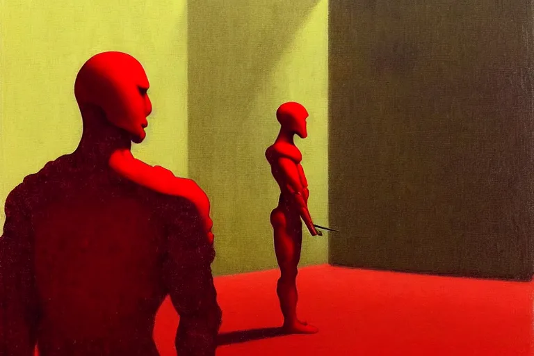 Image similar to only with red, a red samurai humanoid, tokio futuristic in background, yokai, in the style of beksinski, parts by edward hopper, parts by rodcenko, parts by yue minjun, intricate and epic composition, red by caravaggio, insanely quality, highly detailed, masterpiece, red light, artstation, 4 k