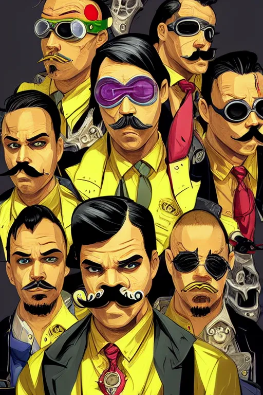 Image similar to gang saints wear yellow bandanas, and some of them have thick mustaches, concept art, pop art style, dynamic comparison, proportional, bioshock art style, gta chinatowon art style, hyper realistic, face and body features, without duplication noise, complicated, sharp focus, intricate, concept art, art by argerm dan richard hamilton