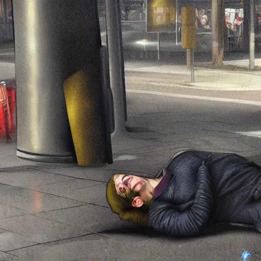 Image similar to A stunning digital masterpiece of a drunk man, he is blacked out under a bus stop, artstation