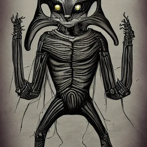 Image similar to an alien in the style of hr giger fighting an anthropomorphic cat wearing a cape.