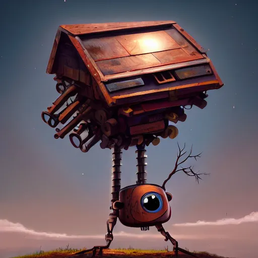 Image similar to a walking wood and metal house with two mechanical legs and two big eyes, rust, hyperrealistic, highly detailed, cinematic, single ray of sun, morning, pareidolia, gravity falls style, beautiful, cgssociety, artstation, 8 k, oil painting, digital art