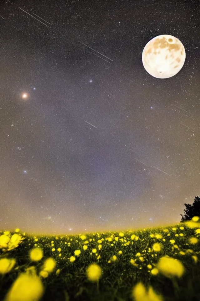 Prompt: low angle, shot from below. two very large moons in night sky. milky way and galaxies in the night sky, galaxies. 3 0 second shot. heavy meteor shower. field of big frozen yellow flowers. f 1. 8 lens, 1 6 mm, lens flare, bokeh. high detail. photorealistic, romantic