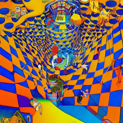 Prompt: a maddeningly colorful, psychedelic strange world of alice in wonderland by mc escher