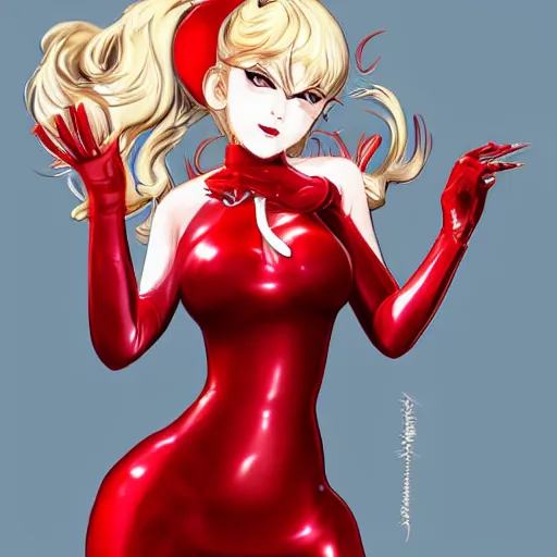 Prompt: beautiful ann takamaki from Persona 5 in her red latex outfit digital portrait in the style of stanley artgerm-W 448