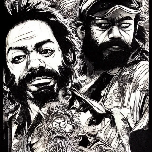 Image similar to portrait of cheech and chong, concept art, sumi - e style, intricate linework, artstation, trending, highly detailed, smooth, focus, art by yoji shinkawa,