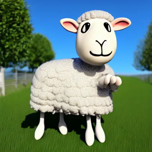 Image similar to a photorealistc sheep character wearing dress, speaking german greetings