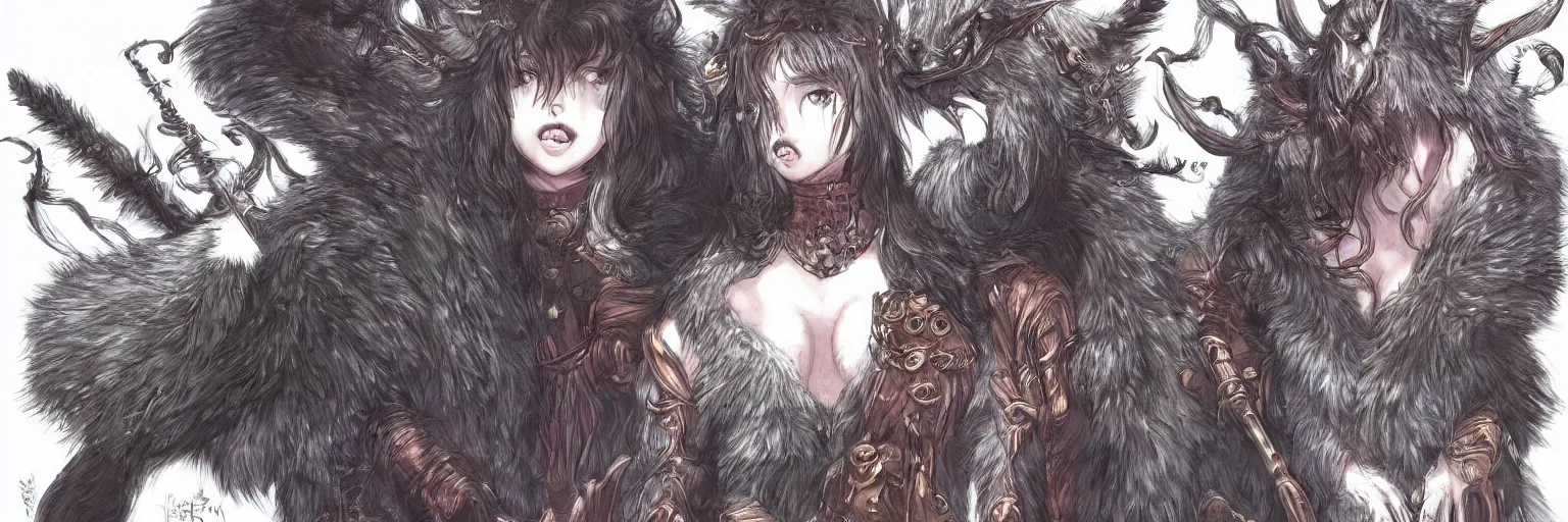 Image similar to a beautiful dressed furry girl, artstation hq, stylized, award winning, dark phantasy, colored illustration from berserk, created by kentaro miura