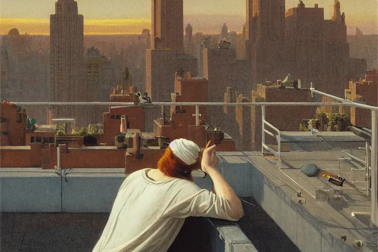 Image similar to painting of a rapper in a rooftop, watching new york, beautiful, sunset, romantic, by ludwig deutsch and maxfield parrish, patterned tilework, extremely detailed, cinematic lighting, smooth sharp focus