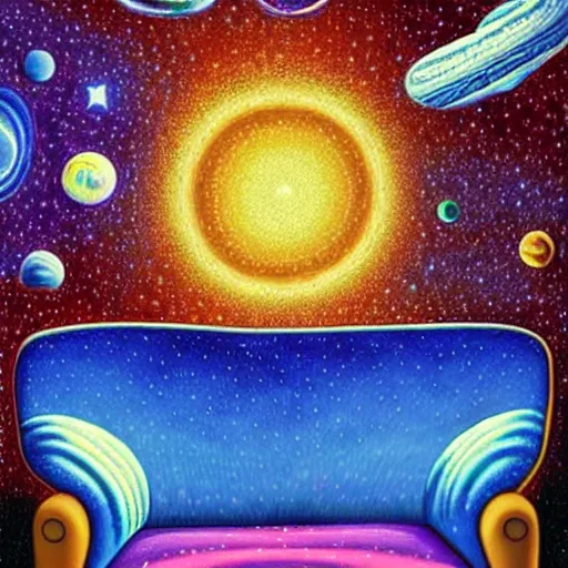 Prompt: psychedelic trippy couch in space, planets, milky way, sofa, cartoon by rob gonsalves