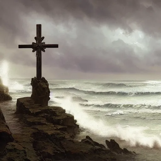 Prompt: a highly detailed matte painting of a large cross standing on the beach as a storm comes in with the tide, epic fantasy, god rays, rocky beach, ultrawide lense, aerial photography, unreal engine, exquisite detail, 8 k, art by greg rutkowski and alphonse mucha