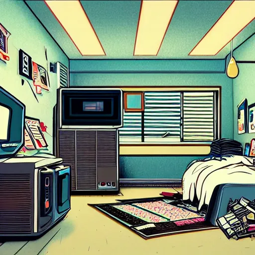 Image similar to very dark 1990s style retro bedroom, dimly lit by a CRT television, clustered with rubbish all over the floor, in the style of anime, highly detailed render