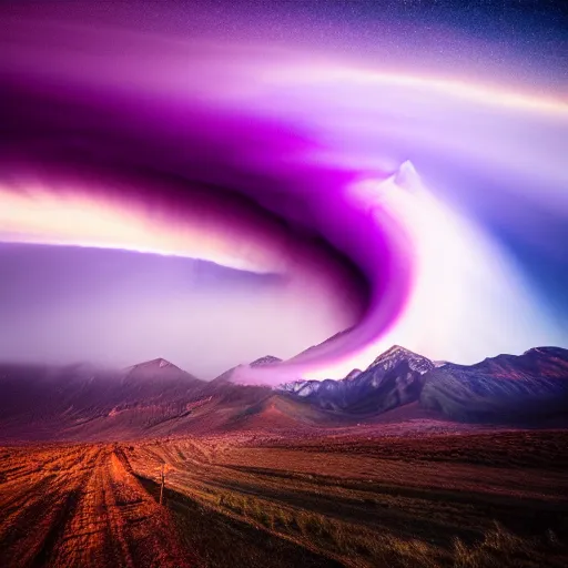 Prompt: amazing photo of a purple tornado in the sky, tornado shaped, by marc adamus, beautiful dramatic lighting