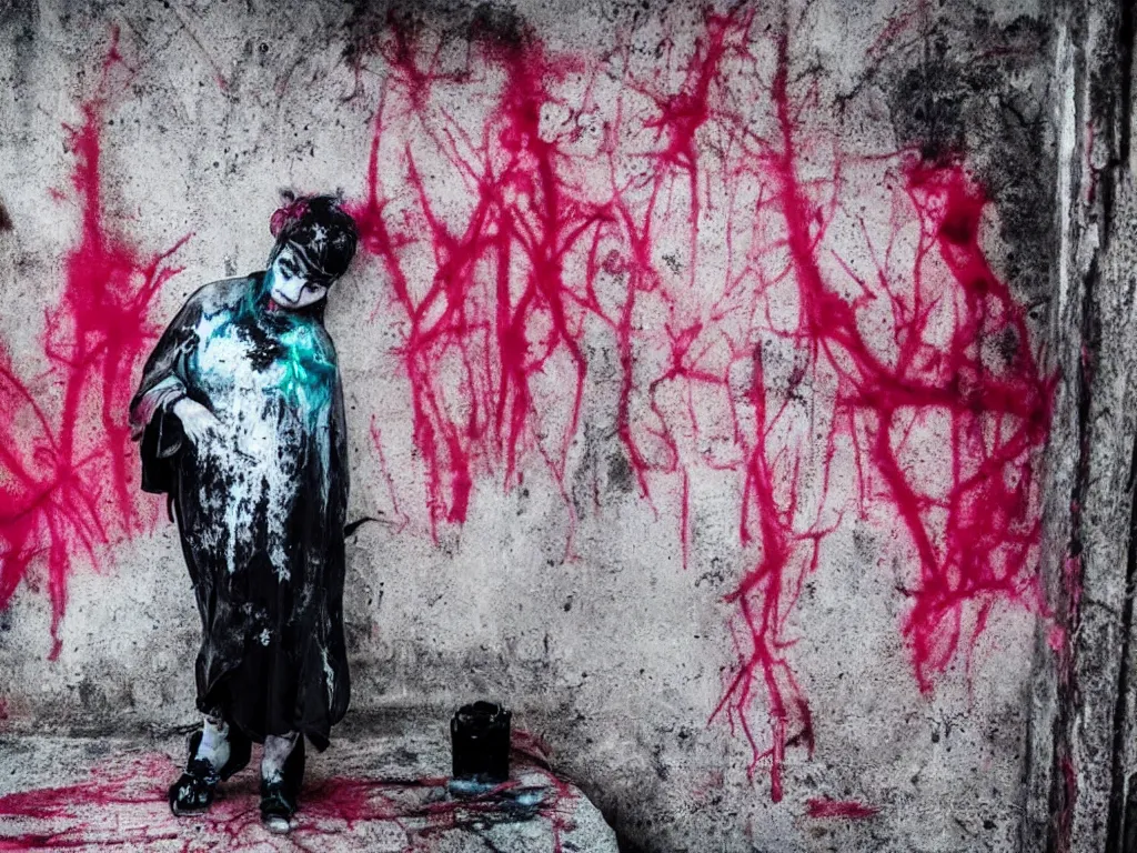 Prompt: ghost wraith apparition caught on camera, graffiti in an abandoned bunker, cute fumo plush gothic black enigmatic maiden girl painted in spilt red ink and washed watercolor, minimalist avant garde pop art, filmic, vignette, captured on canon eos r 6