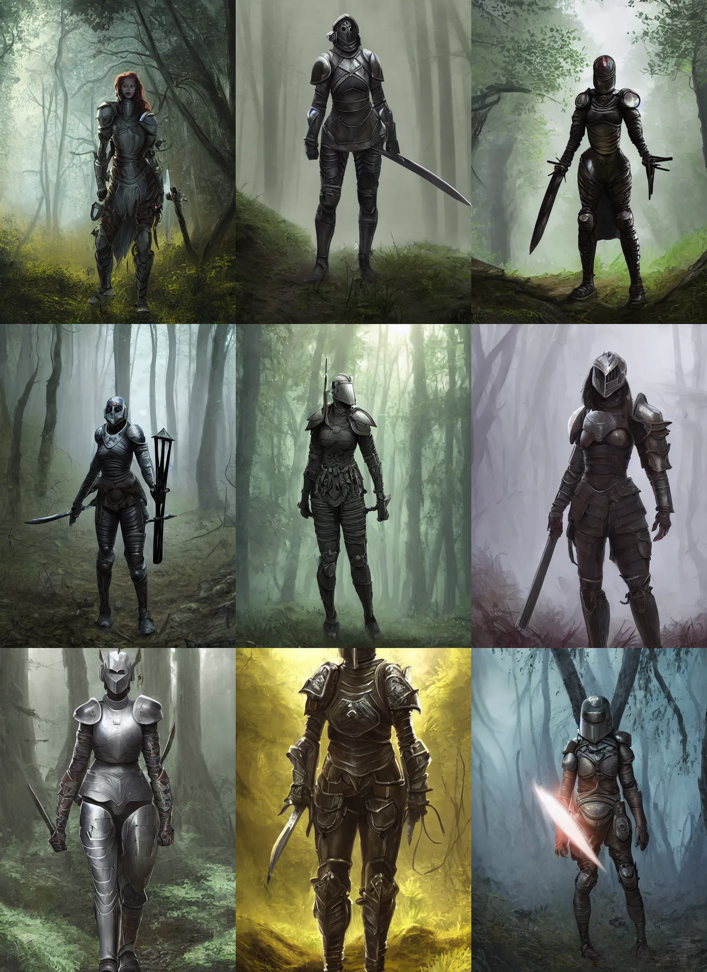 Prompt: a matte painting of a female knight with glowing eyes wearing battle worn marvel cinematic universe armor wielding twin swords walking through the forest plains of north yorkshire, misty forest, apex legends armor, good value control, concept art, digital painting, sharp focus, symmetrical, segmented armor, single character full body, 4k, illustration, rule of thirds, sci-fi, elden ring, centered, moody colors, moody lighting, atmospheric