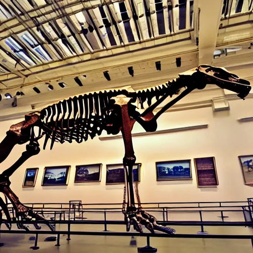 Image similar to the skeleton of a dachshund tyrannosaurus rex in a museum. Tourists are looking