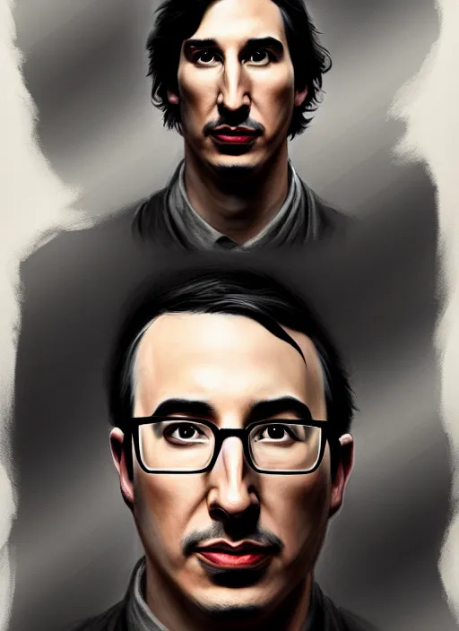 Image similar to a portrait of john oliver standing next to adam driver, stoic, military uniform, fantasy, intricate, elegant, beautiful, highly detailed, charcoal, centered, dark, smokey, digital painting, artstation, concept art, smooth, sharp focus, illustration, art by krenz cushart and wenjun lin