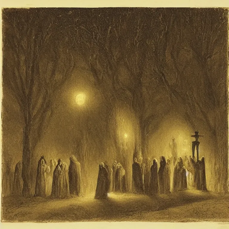 Image similar to A Holy Week procession of souls in a lush Spanish landscape at night. A figure at the front holds a cross. Carl Gustav Carus.