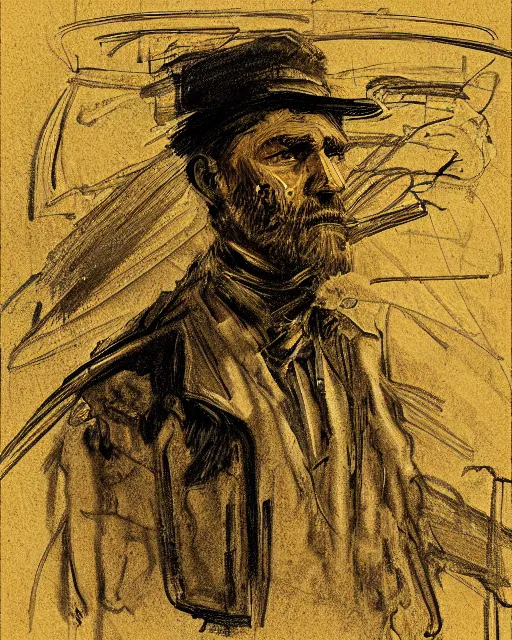 Prompt: an extremely detailed masterpiece portrait of a 1 8 9 0's gunslinger, in the style of frank auerbach, digital art