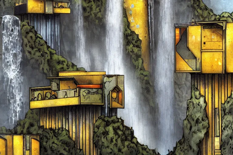 Prompt: brutalist waterfall favela honeybee hive, art nouveau environment, magma, industrial factory, award winning art, epic dreamlike fantasy landscape, ultra realistic,