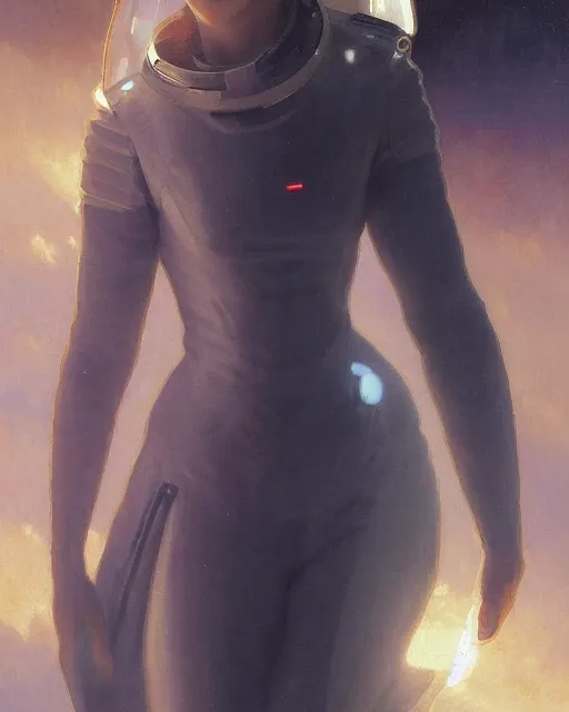 Image similar to a portrait painting of a shy, blushing 1 6 - year old alicia vikander or millie bobby brown, backlit, wearing a futuristic space suit in a space station, elegant, highly detailed, artstation, concept art, by krenz cushart and donato giancola and william adolph bouguereau and alphonse mucha