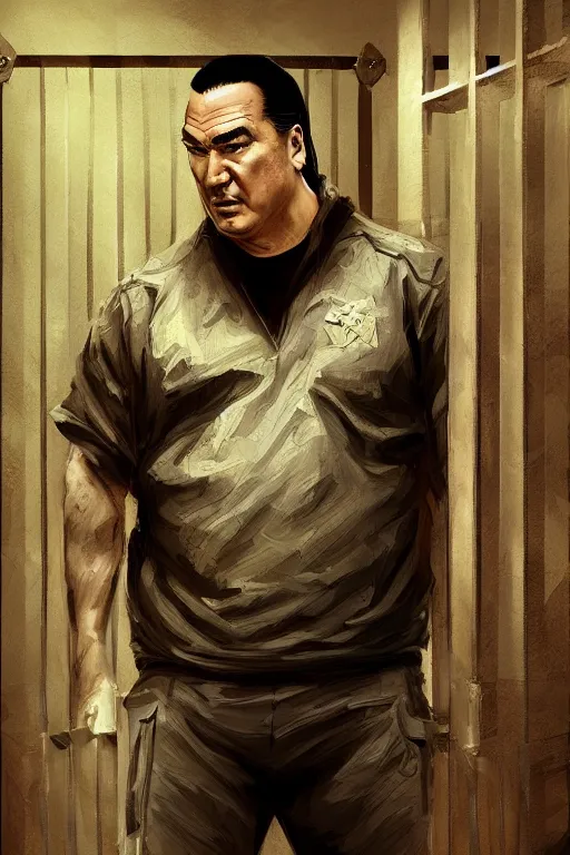 Prompt: sad steven seagal full body portrait in jail cell, cell bars, cell bars, cell bars, cell bars, cell bars, cell bars, intricate, highly detailed, digital painting, artstation, concept art, smooth, sharp focus, illustration, whimsical background by marc simonetti, artwork by liam wong