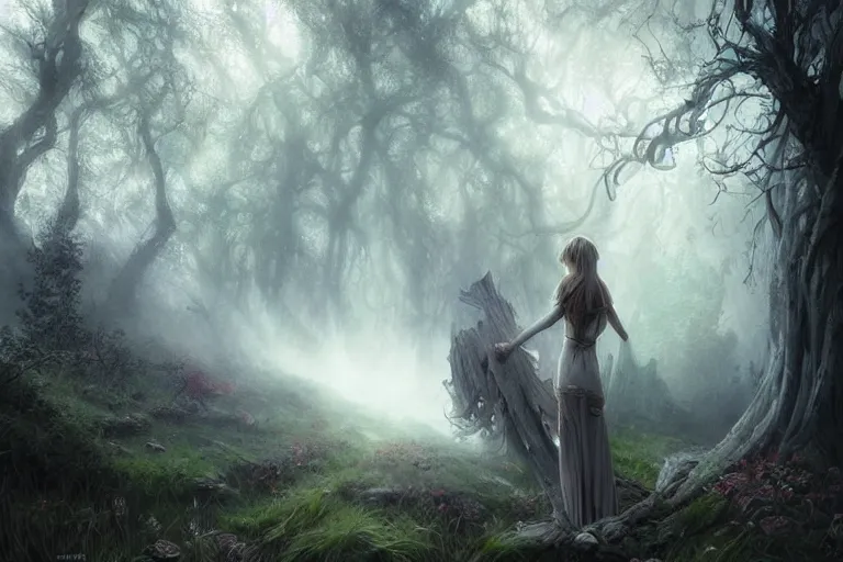 Image similar to an old elven wood, a view to an eerie fantasy world, ethereal back light, mist, coherent composition, detailed fantasy painting by artgerm