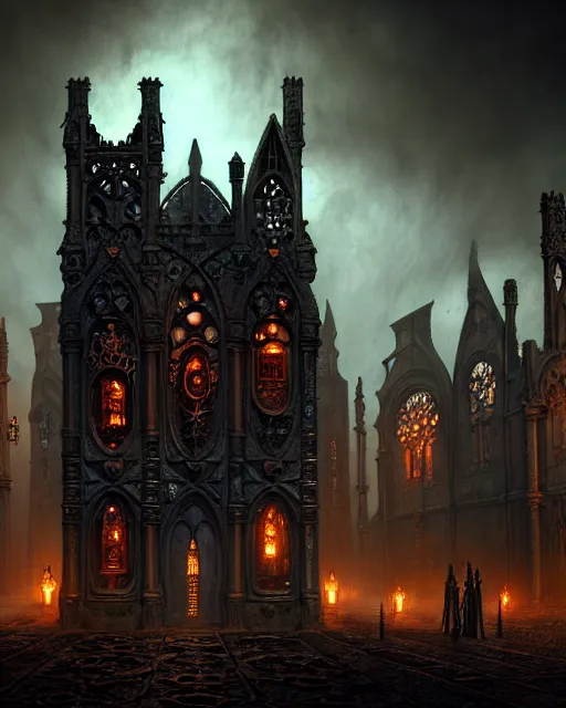 Image similar to steam necropolis, memento mori, gothic, neo - gothic, art nouveau, hyperdetailed copper patina medieval icon, stefan morrell, philippe druillet, ralph mcquarrie, concept art, steampunk, unreal engine, detailed intricate environment, octane render, moody atmospherics, volumetric lighting, ultrasharp, ominous, otherworldly