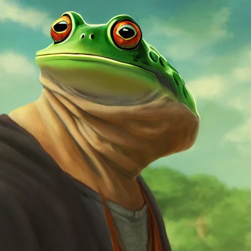 Prompt: A portrait of a wizard but his head is a frog', painted by Studio Ghibli, 4k, traditional art, trending on deviantart, highly detailed, full body shot, wide depth of field, professional lighting, airbrush