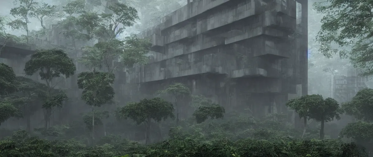 Prompt: brutalist architecture inspired by louis kahn deep in the rainforest. nature is taking over. matte painting by ivan laliashvili. unreal engine 5 render. mist. cinematic.