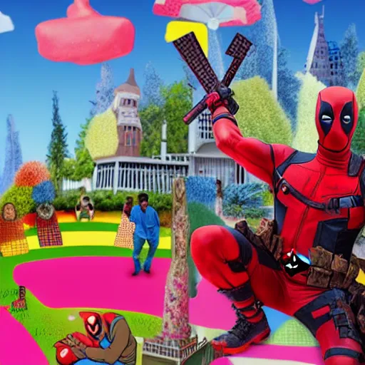 Image similar to deadpool stands in candyland, buildings, 8 k photography, detailed