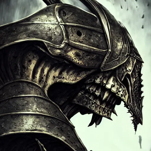 Image similar to the elder scrolls vi, dragon bone skull knight helmet, headshot, closeup, side elevation, grimdark, fantasy, trench crusade, terrifying, dark, fog, atmospheric cold lighting, dark souls, hyperrealistic, art by mike franchina