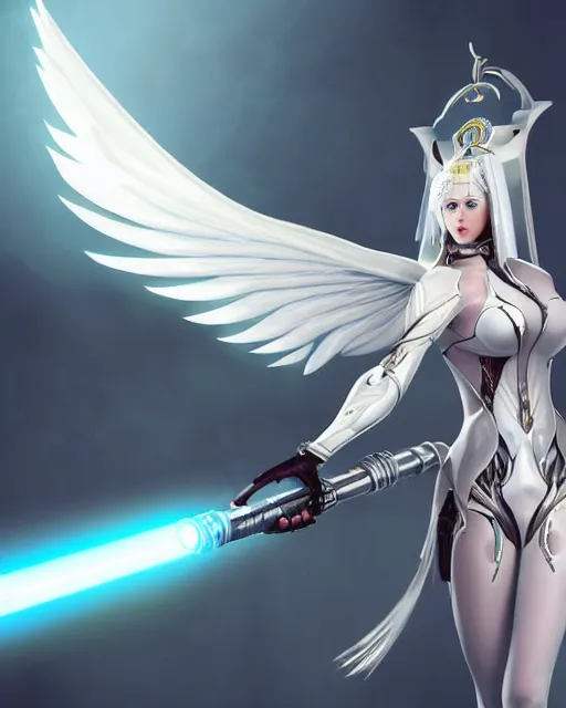 Image similar to perfect white haired attractive egyptian goddess with huge white dove wings holding a light saber, warframe armor, beautiful, symmetric, dreamy, half asian, pretty face, blue eyes, detailed, scifi platform, laboratory, experiment, 4 k, ultra realistic, epic lighting, android body, illuminated, cinematic, masterpiece, art by akihito tsukushi, voidstar