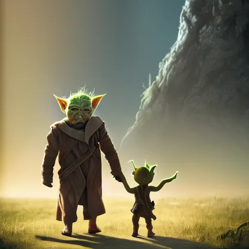 Prompt: babyyoda ( 2 0 2 1 ) walking next to groot ( 2 0 1 7 ). they are friends. photorealistic, digital art, epic fantasy, dramatic lighting, cinematic, extremely high detail, cinematic lighting, trending, artstation, cgsociety, 3 d ue 5, 4 k, hq
