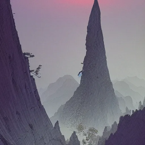 Prompt: dark obelisk on a beautiful valley at the dawn, intricate patterns, painted by Moebius and Tsutomu Nihei