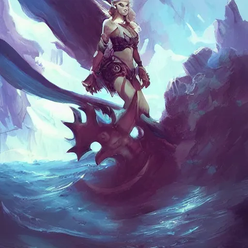 Image similar to triton girl having a great time riding on a goliath's shoulders, dnd concept art, painting by ross tran