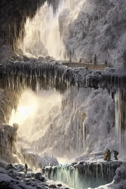 Prompt: a palace made of crystal stone with arches and bridge on top of a waterfall in the snow, blizzard, a small stream runs beneath the waterfall, landscape, raphael lacoste, eddie mendoza, alex ross, concept art, matte painting, highly detailed, rule of thirds, dynamic lighting, cinematic, detailed, denoised, centerd