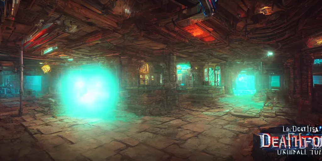 Image similar to screenshot of deathtrap dungeon, videogame, neon glow, lens flare, 8 k, unreal engine