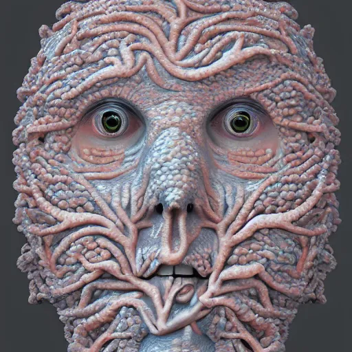 Image similar to a drawing of a face made out of corals, a digital painting by earnst haeckel, featured on zbrush central, generative art, biomorphic, intricate, zbrush