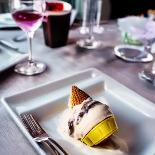 Prompt: photograph of a formal presentation of an ice cream cone on a plate with grotesque silverware in a fancy avant-garde restaurant