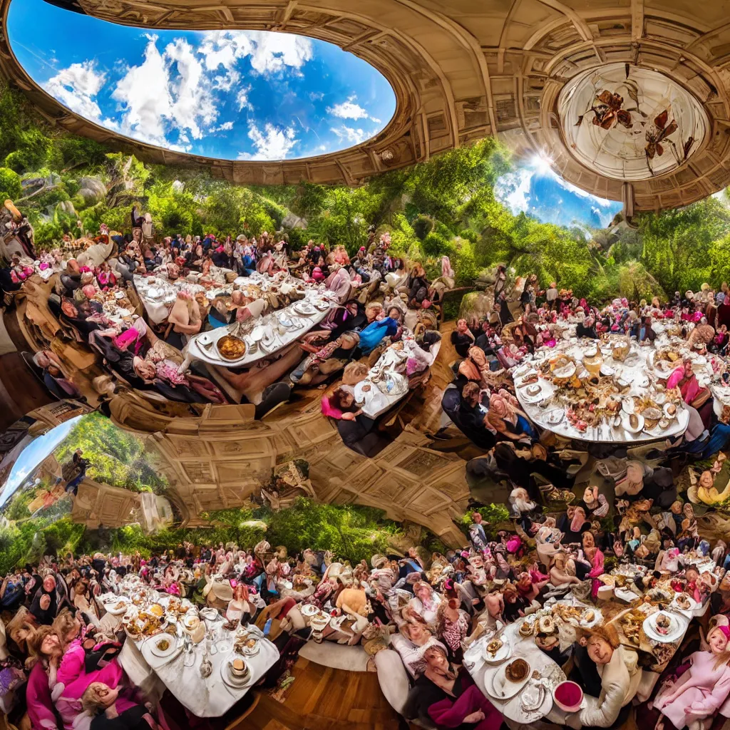 Image similar to elephant tea party, high tea, on a bridge, fulldome, 1 8 0 degree fisheye, 4 k,