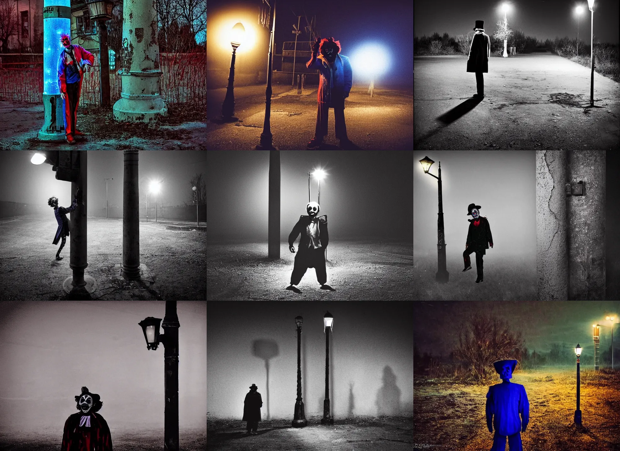 Prompt: a thin scary clown in torn clothes stands under a lamppost that shines a blue light on the clown, pitch darkness around the post, everything happens at night in an old soviet village, the photo was taken from afar, the clown is far from the camera, hidden shooting, distorted photo, Colourful, Cinematic, filmic, 35mm, dark atmosphere, horror, scary, Wildlife photography, Polaroid, bad quality, distorted, Night, dark