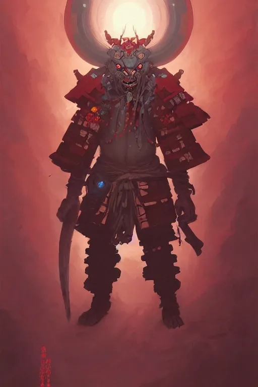 Image similar to samurai yokai cyberpunk kaiju shaman, character concept art by peter mohrbacher and andreas rocha and michael whelan and craig mullins and ross tran and wlop and caravaggio