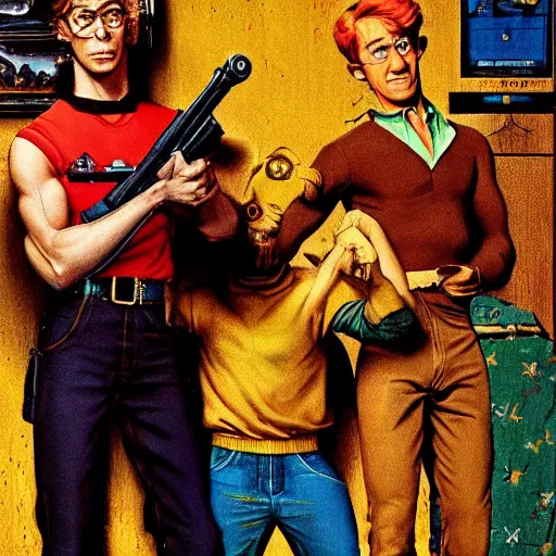 Prompt: Scooby Doo holding a gun, by norman rockwell, no text, trending on artstation, highly detailed, 8k, beautiful, dynamic lighting, realistic fur