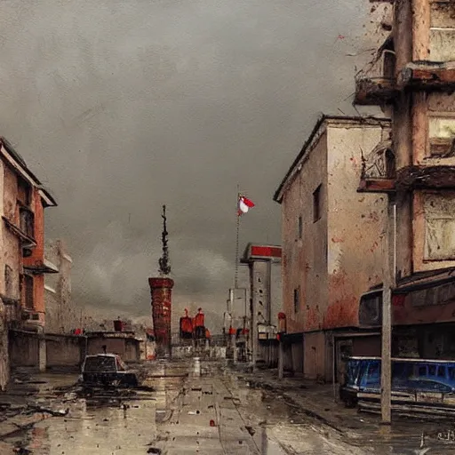 Prompt: painting of a post soviet town by jakub rozalski