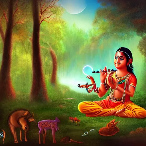 Image similar to photorelastic ,Young Krishna playing flute in forest and all animals listen his melodious music , Zoom out ,artstation, devainart ,illustration, scenery,