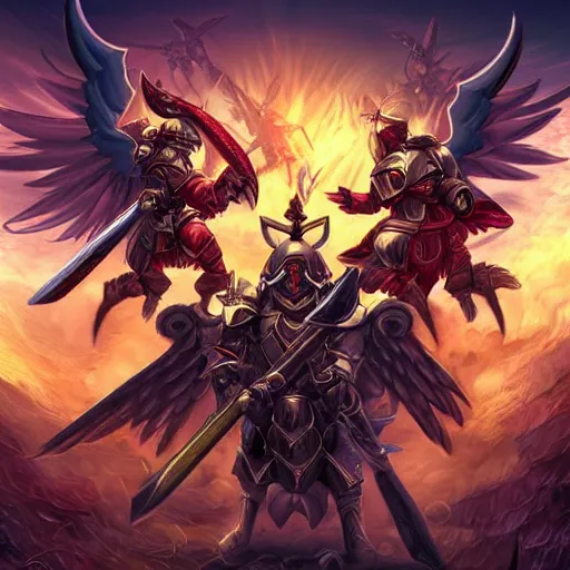 Prompt: paladins in plate armor riding into hell, fighting demons, with an angel with a sword flying over them, hellscape, digital art