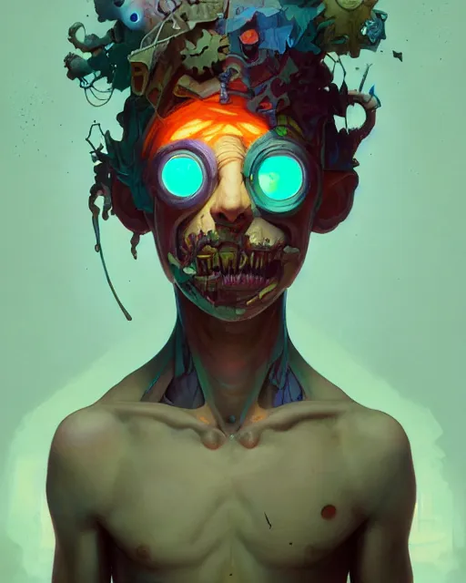 Image similar to portrait of a patchwork boy, bioluminescent, horror, expressive, asymmetrical art, highly detailed, concept art, cinematic, hyperrealism, epic, art by peter mohrbacher and wlop and rhads and artgerm and magali villeneuve and alphonse mucha, artstation, octane render, cgsociety