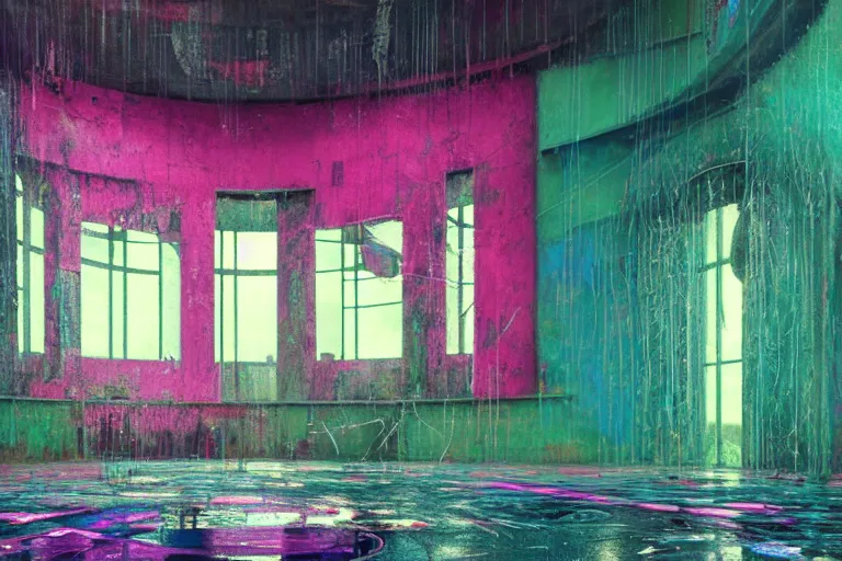 Prompt: abandoned 9 0 s interior with large organic circular windows, rain like a dream, oil painting, volumetric lighting, cyberpunk, basquiat + francis bacon + gustav klimt + beeple, elevated street art, fantasy lut, textural, pink, blue, purple, green,